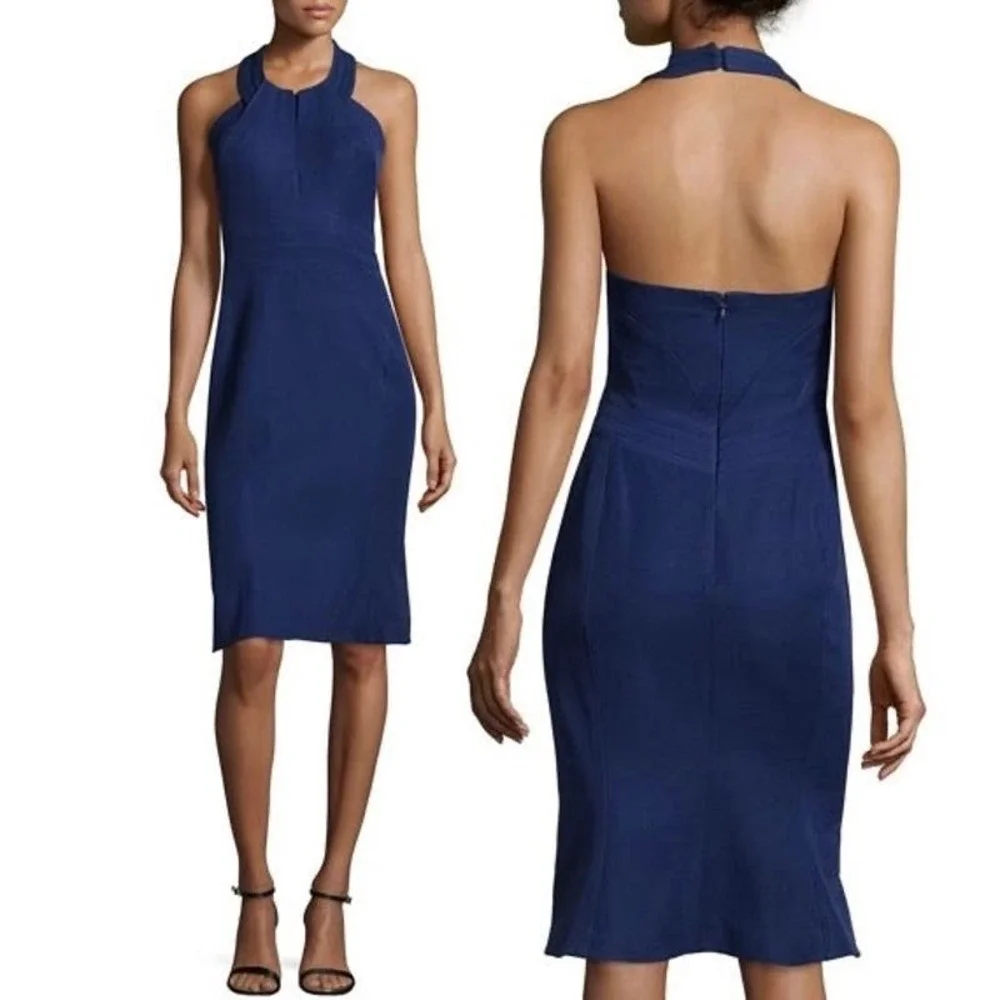 Zac Posen Navy Blue Halter-Neck Sheath Midi Mermaid Dress